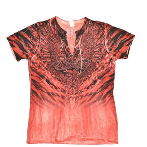 Women Top Affliction Wings Skull T-Shirt Black Red Size L Black Red Short Sleeve
